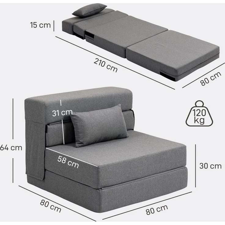 MELAYR, 3 in 1 Schlafsessel mit Leinenoptik 80 x 80 x 64 cm Dunkelgrau, Grau – Bild 5