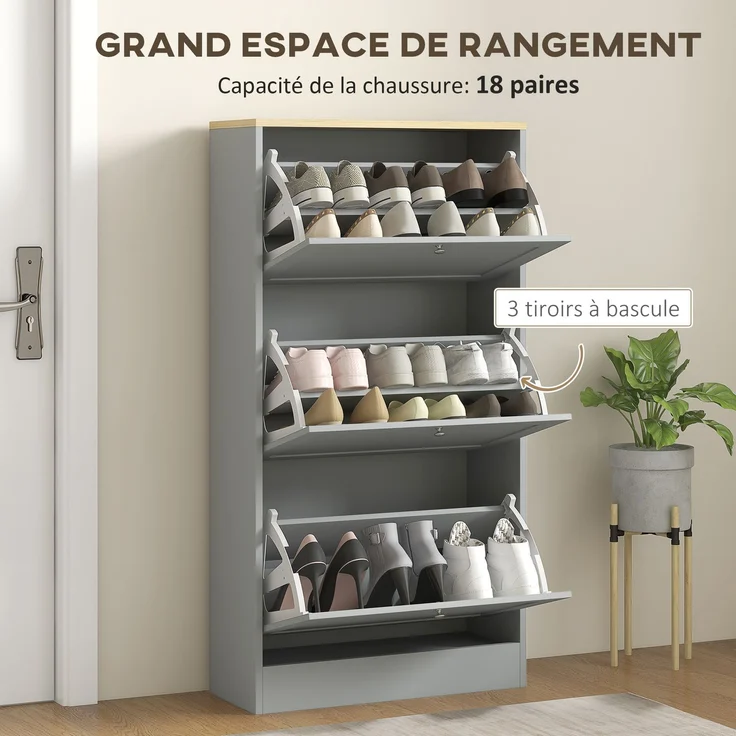 Schuhschrank für 18 Paar Schuhe, Schuhschrank mit 3 Klappschubladen, verstellbaren Einlegeböden, 60 x 23,5 x 115 cm, grau – Bild 6