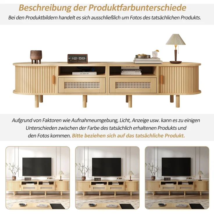 TV-Schrank 170 cm Ovale TV-Bank mit Rattanoptik Schubladen Schiebetüren Lowboard Holzlook Wohnzimmer Kompakter Retro-Stil 8 Beine – Bild 7