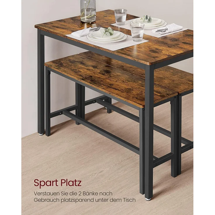 VASAGLE Esstisch, Küchentisch-Set, 110 x 70 x 75 cm, mit 2 Bänken je 97 x 30 x 50 cm, Metallgestell, für Küche, Wohnzimmer, Esszimmer, Industrie-Desig [KDT070B01] – Bild 5