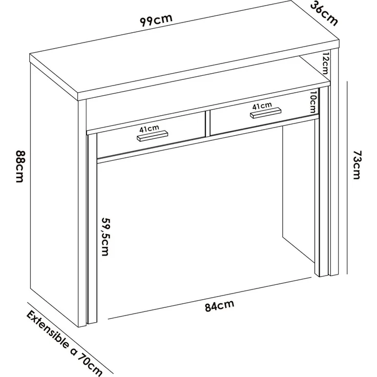 Dmora - Schreibtisch Losetta, Multipositionsschreibtisch mit ausziehbarer Platte, lineare Arbeitskonsole mit 2 Schubladen, 99 x 70 x 88 cm, Weiß – Bild 7