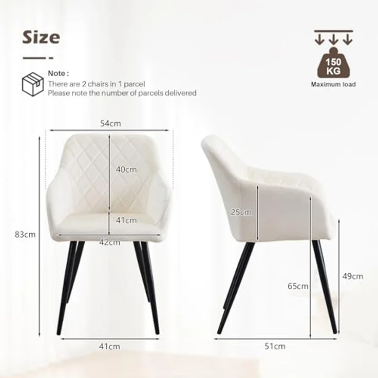 TUKAILAI Esszimmerstühle 2er Set, Küchenstühle Samt,Polsterstühle Wohnzimmerstühle Sessel mit Armlehnen Rückenlehne Metallbeinen, für Küche Esszimmer Wohnzimmer, bis 120kg,Creme – Bild 4