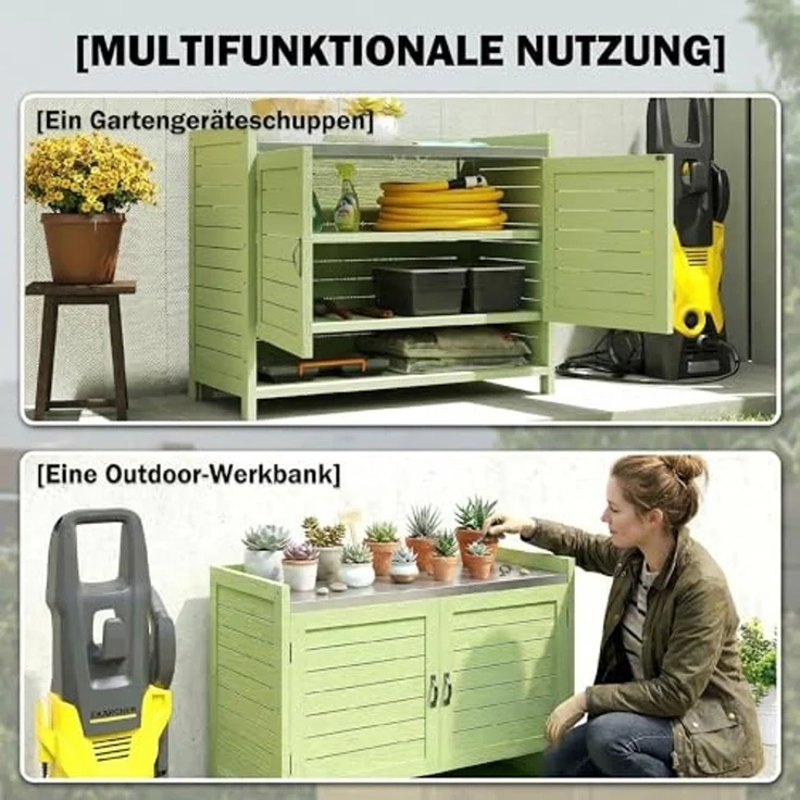Outsunny Pflanztisch mit verzinkter Arbeitsplatte 3 Regalböden Doppeltüren (wetterfest Gärtnertisch, 1-St, Outdoor Gartenschrank), aus Holz für Garten Balkon Terrasse 88 x 40 x 70,5 cm, Grün – Bild 3