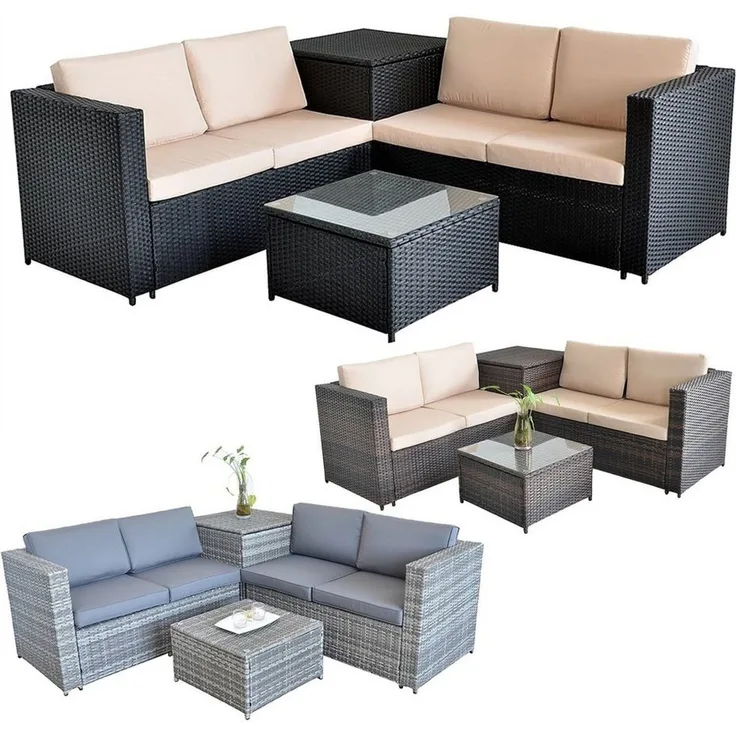 Melko Gartenlounge-Set Rattanlounge + Tisch und Kissenbox Garten Sofa Lounge Gartenmöbel, (Set, 3-tlg), Sicherheitsglasplatte