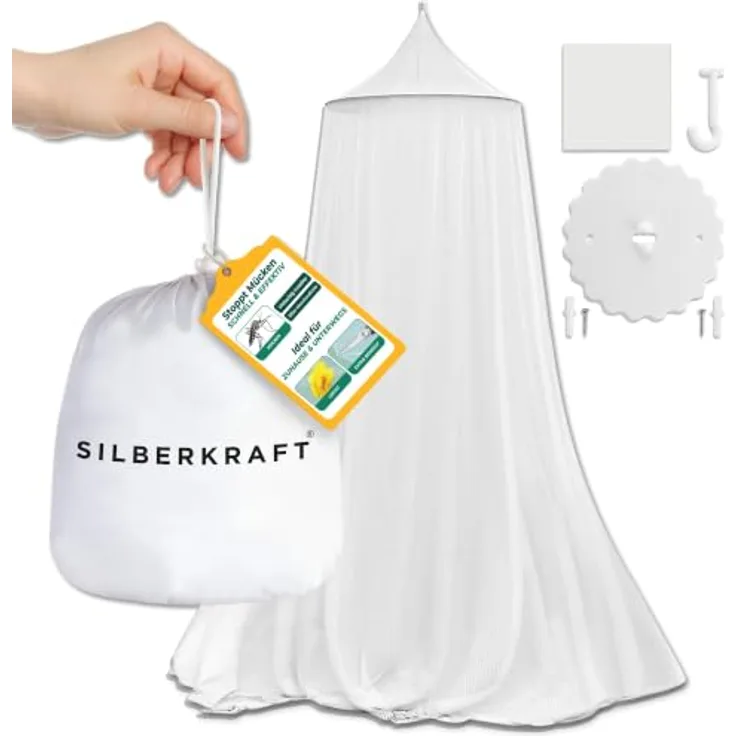 Silberkraft Moskitonetz mit Klebehaken, reißfestes Polyester, für Bett, Reisen und Camping, 225er Mesh, 1-tlg, mit Tragebeutel