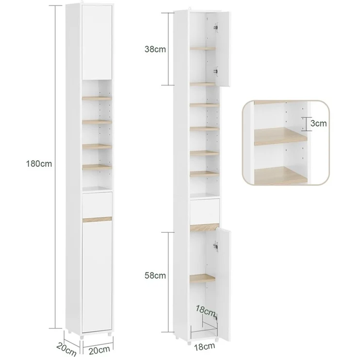 SoBuy BZR34-WN Badezimmer-Hochschrank, MDF, Lackiert, Weiß, 20 x 180 x 20 cm – Bild 3
