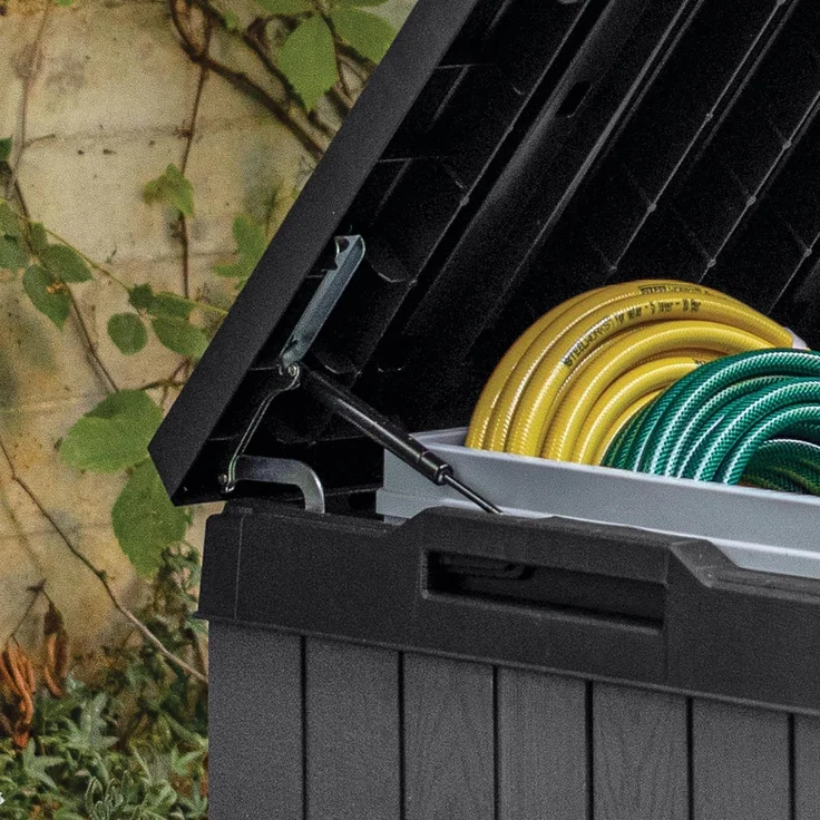 Keter Gartenbox "Darwin" 662 Liter naturgetreue Holzoptik Deckel bis 300 kg belastbar, abschließbar – Bild 5