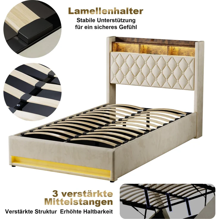 Polsterbett aus Samt mit hochelastischer Polsterung & Lattenrost, ohne Matratze, 140x200 cm, Beige – Bild 7