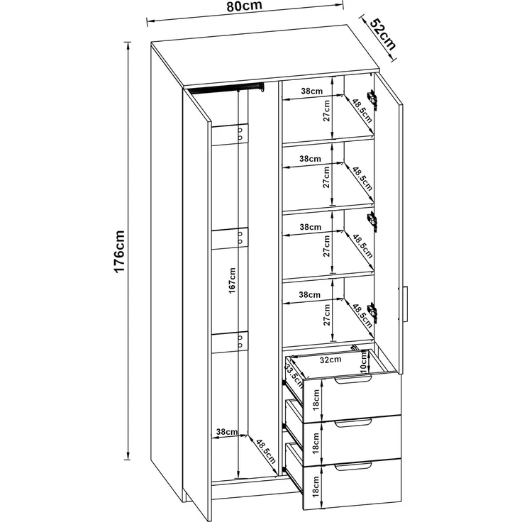 Kleiderschrank Eiselfing 176x80x52 cm 3 Schubladen Weiß [en. casa] – Bild 4