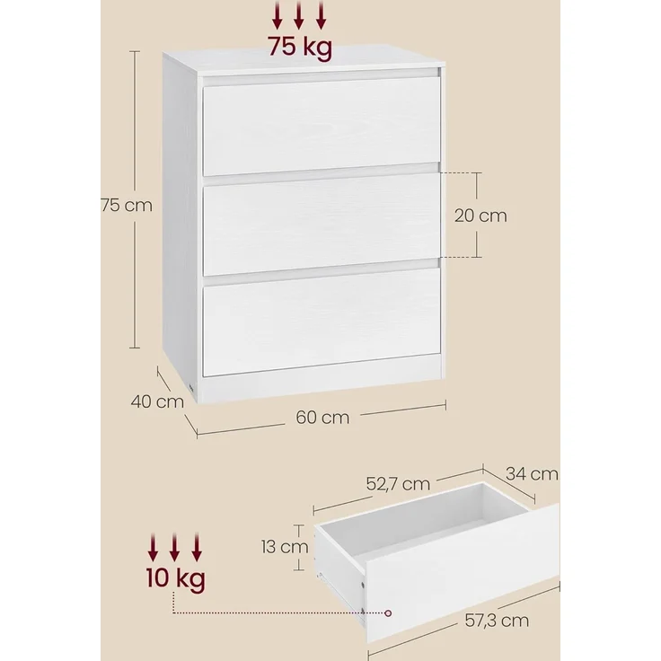 VASAGLE Kommode mit 3 Schubladen, Komodenschrank, Schubladenschrank, Wäschekommode, für Schlafzimmer, 40 x 60 x 75 cm, Modern Kailyn Kollektion, schneeweiß LTS613WE01 – Bild 3