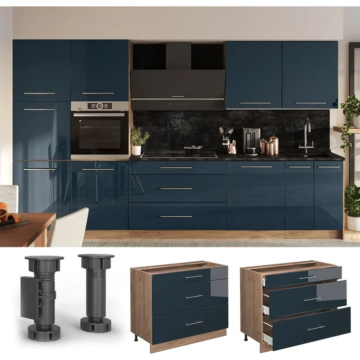 Küchenunterschrank Fame-Line Dunkelblau Hochglanz/Goldkraft Eiche 100 cm, AP Eiche Vicco – Bild 4