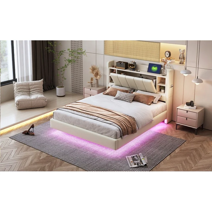 EINHOM Polsterbett 140 x 200 cm, mit USB-Steckdose und Lichtleiste, Wendbares Kopfteil mit Ablagefächern und Einlegeböden mit Kleinen Ablagefächern, Stabiler Metallrahmen, Leinenstoff, Doppelbett Beige, (Ohne Matratze) – Bild 5