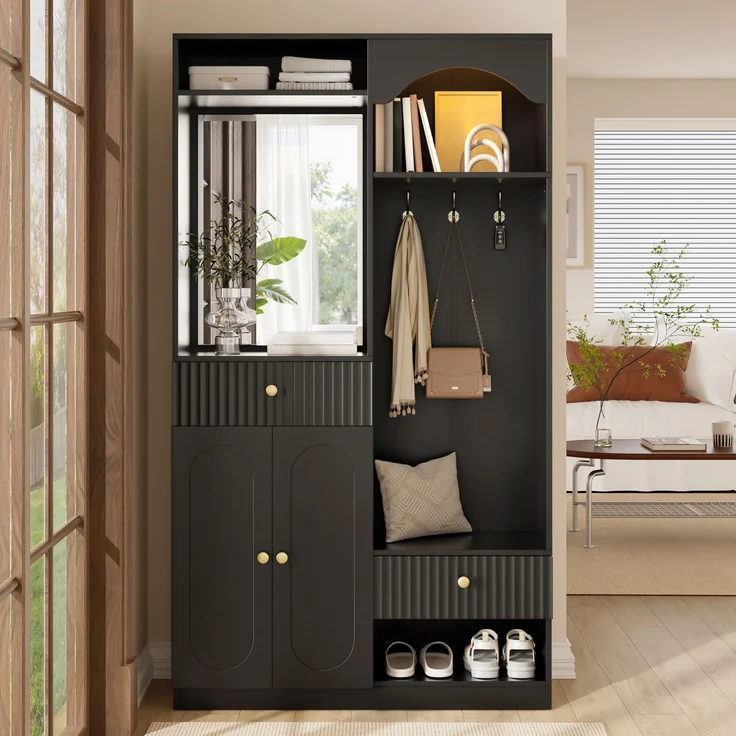 Faumrta Kompaktgarderobe mit Spiegel und Sitzbank,Flurgarderobe mit Schuhschrank und Haken, Kleiderhaken,Kompaktgarderobe,Flurmöbel Set,Flurgarderobe,LED-Streifen mit einstellbarer Farbe100CM*35CM*180CMSchwarzMDF (Medium-Density-Faserplatte) – Bild 2