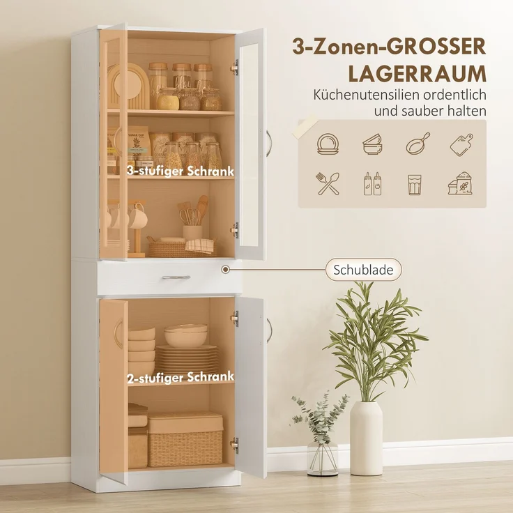 MELAYR, Küchenschrank Buffetschrank mit verstellbar Regal Schublade 2 Schrank Hochschrank mit Glastür 60 x 35 x, Weiß – Bild 6
