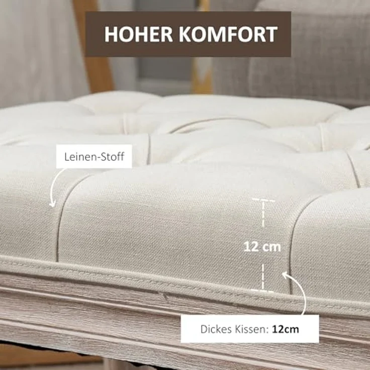 HOMCOM Fußhocker mit Leinenoptik, gepolstertem Sitz, Holzbein (Sitzhocker, 1 St, Polsterhocker), für Wohnzimmer, Schlafzimmer, Cremeweß – Bild 6