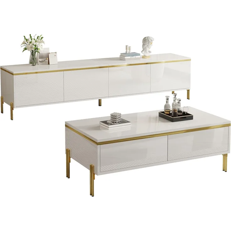 EINHOM Modernes Luxus-TV-Schrank- und Couchtisch-Set, Hochglänzende Oberfläche in Unifarbe, Goldene Kanten, Großzügiger Stauraum