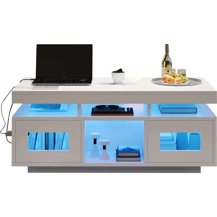 100×50×43cm weißer Hochglanz-Couchtisch, mit per mobiler App steuerbaren LED-Leuchten, Wohnzimmertisch mit Schrank, Sofatisch mit Ladeanschluss und steckdose , geeignet für Büro, Arbeitszimmer