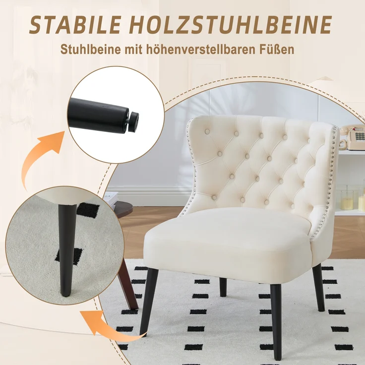 LVHOM Polsterstuhl aus Samt, Esszimmerstühle mit Knopfheftung, ohne Armlehnen, Massivholz Beine, Für Wohnzimmer, Büro & Schlafzimmer, Beige – Bild 5