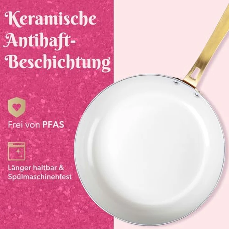 Paris Hilton Topf-Set Kochgeschirr 10-tlg. – Aluminium & Keramik Antihaft, Induktion, in Pink, Creme und Gold – Bild 3