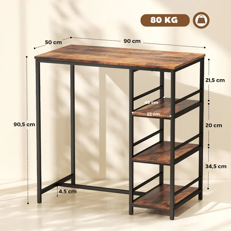 MELAYR, Hoher Bartisch mit 3 Ablageflächen und Stahlgestell, 90 x 50 x 90,5 cm, Rustikales Braun, Schwarz – Bild 5