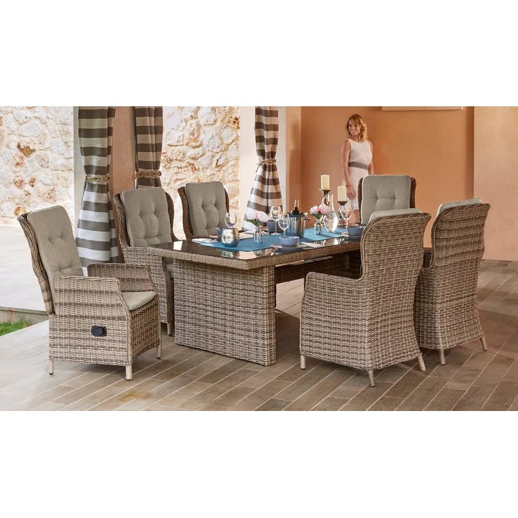 MERXX Garten-Essgruppe Riviera, (13-tlg, 6x Sessel inkl. Sitz- und Rückenkissen, 1x Tisch 200x100 cm), Polyrattan, Stahl, inkl. Auflagen, geeignet für 6 Personen