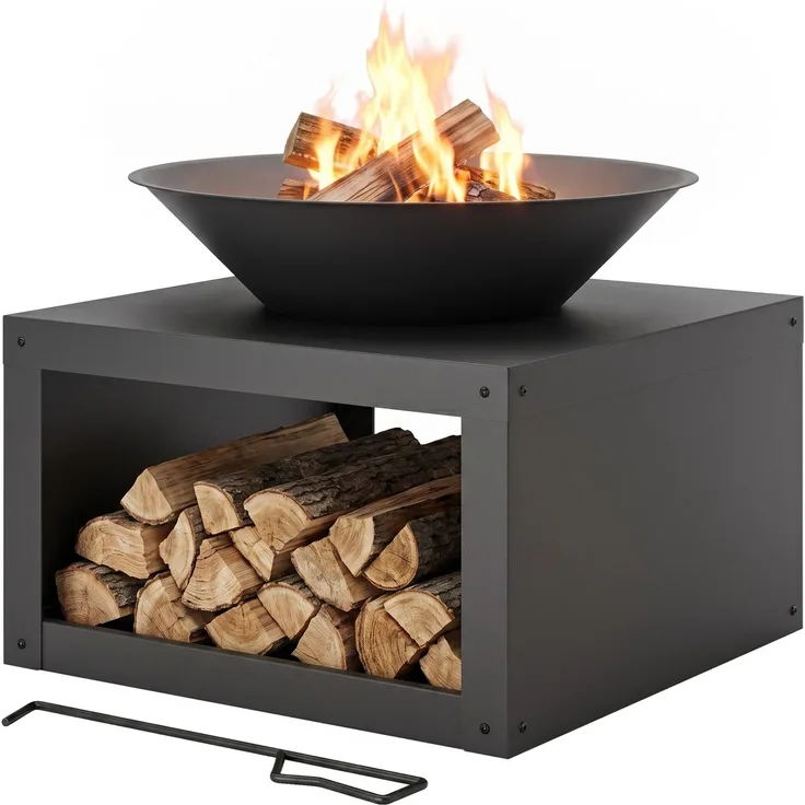 Outsunny Feuerschale, Metall, Schwarz, 60L x 60B x 49,5H cm