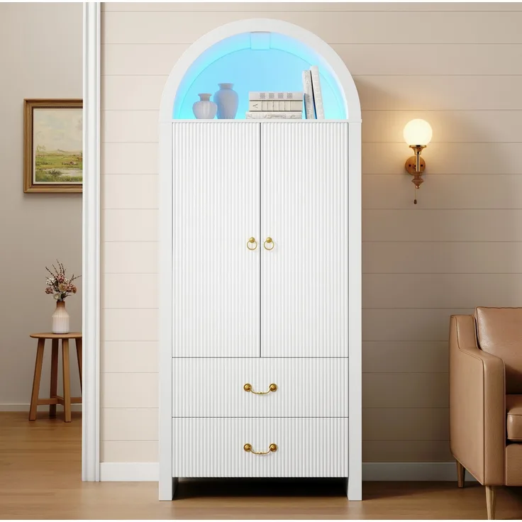Hochschrank 76 x 38 x 180 cm in Weiß mit App-gesteuerter LED-Beleuchtung und geriffelter Front