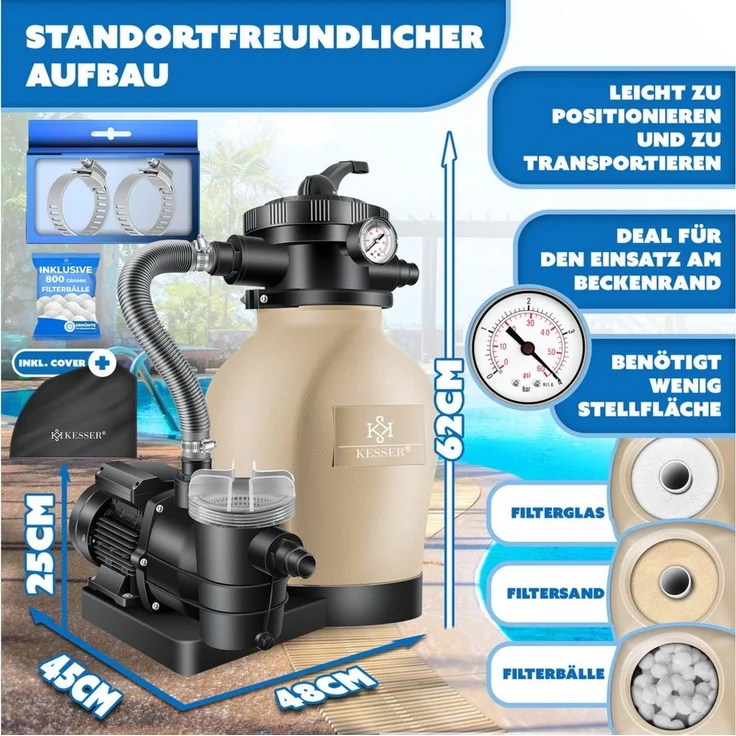 KESSER® Sandfilteranlage Sandfilter + 800g Filterbälle ersetzen 25kg Filtersand 7-Wege Ventil mit Druckanzeige Poolfilter 10 m³/h Filteranlage Filterkessel für Pool Schwimmbecken 10.200 L/h Gold / Sand – Bild 2