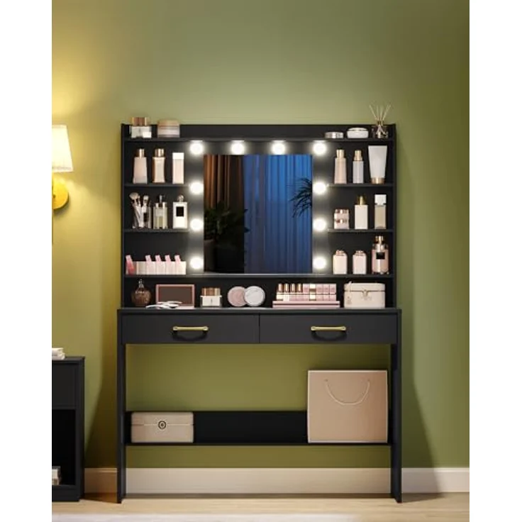 Schminktisch mit Spiegel, Schminktisch mit Ablageflächen und 2 Schubladen, für Schlafzimmer, Wohnzimmer, Verstellbare Helligkeit, 40 x 100 x 149 cm, Schwarz – Bild 7