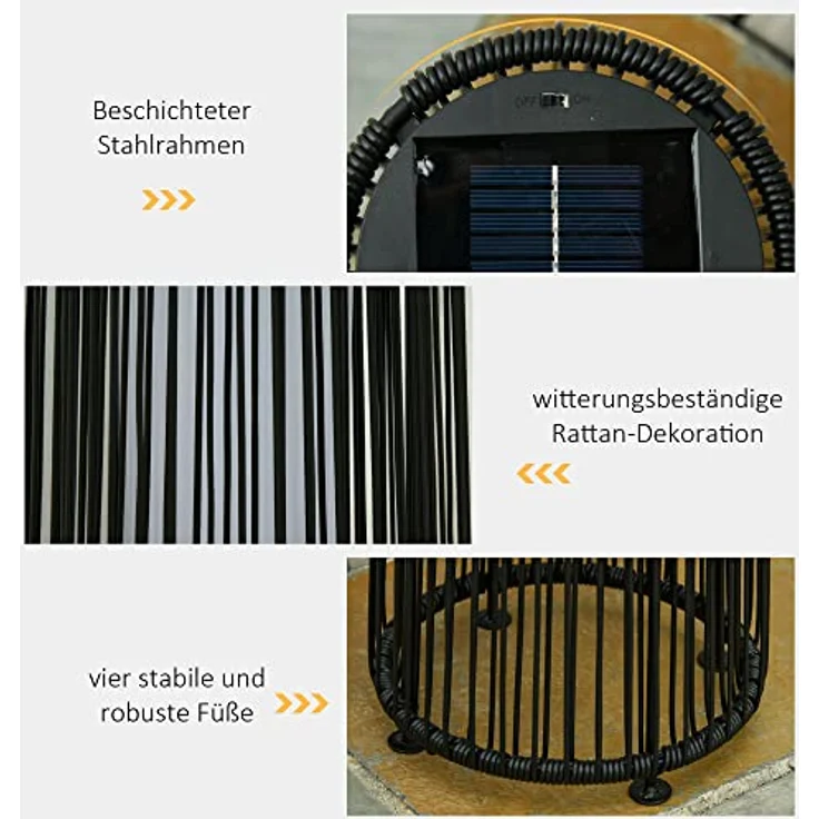 Outsunny Solarlampe Rattan, LED Solarleuchte mit Lichtsensor, IP44 spritzwassergeschützt, 61 cm hoch, Schwarz – Bild 5