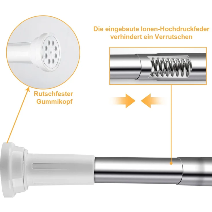 Eikuavons Edelstahl Duschvorhangstange 140-260 cm, Teleskopstange Klemmstange ohne Bohren, Ø25 mm,Edelstahl,Weiß – Bild 3