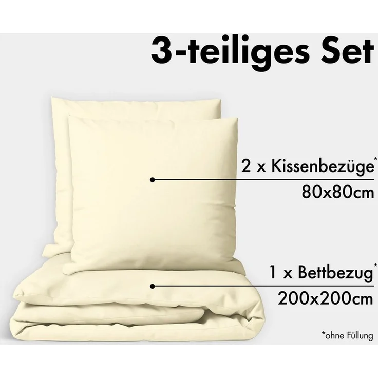 JACOBSON Bettwäsche 200x200 Set - 100% Baumwolle Bettbezug 200x200 cm + 2 Kissenbezüge 80x80 cm, Perkal Bettwäsche 3-teilig mit Reißverschluss (200x200 cm, Natur, 3-teilig)
