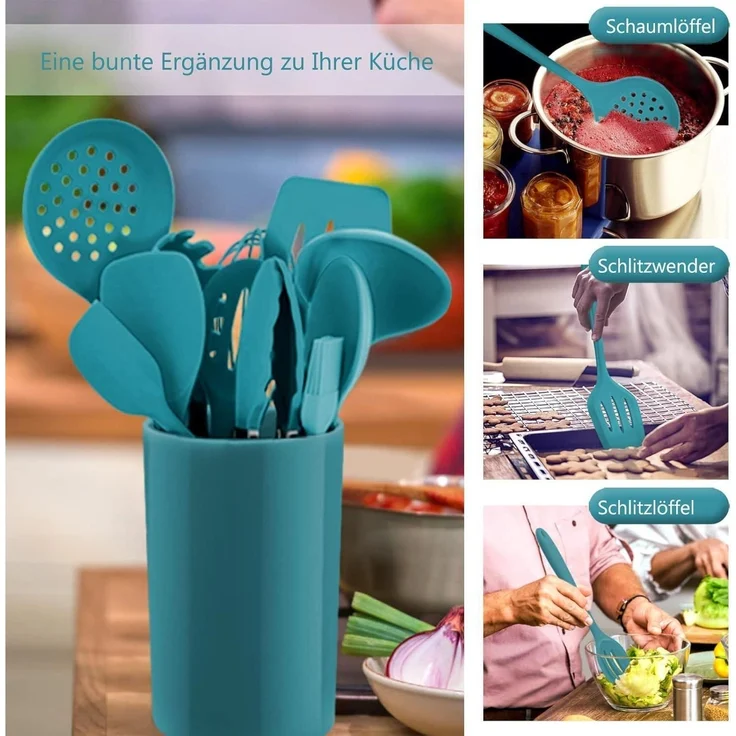 Küchenhelfer Set 12-teilig Silikon Kochutensilien Hitzebeständig Blau – Bild 4