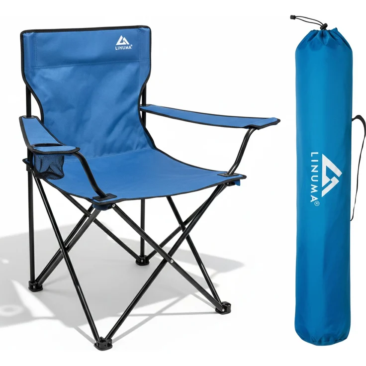 LINUMA® Faltstuhl BLAU Campingstuhl Anglerstuhl mit Getränkehalter & Tragetasche – Bild 1
