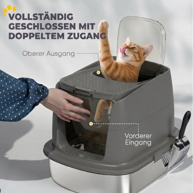 Katzentoilette 52,4×41,3×39,8 cm aus Edelstahl in Dunkelgrau mit abnehmbarem Deckel und Streuschaufel – Bild 4