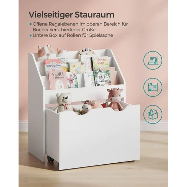 Songmics Bücherregal für Kinder, mit 3 Regalebenen und Aufbewahrungsbox auf Rollen, MDF Wolkenweiß, 29,5 x 62,5 x 70 cm – Bild 4