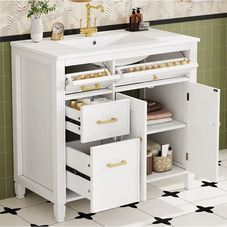 Freistehender Waschtisch 91 x 46,5 x 87 cm mit Keramikbecken und Schubladen – Weiß – Bild 5