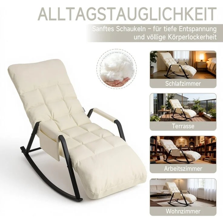 Home Nature Wohnkonzept Schaukelstuhl mit 5-fach verstellbarer Rückenlehne, Ergonomischer Relaxsessel, Lesesessel bis 160 kg, 104×56×93,5 cm, Kunstleder Cremeweiß – Bild 7