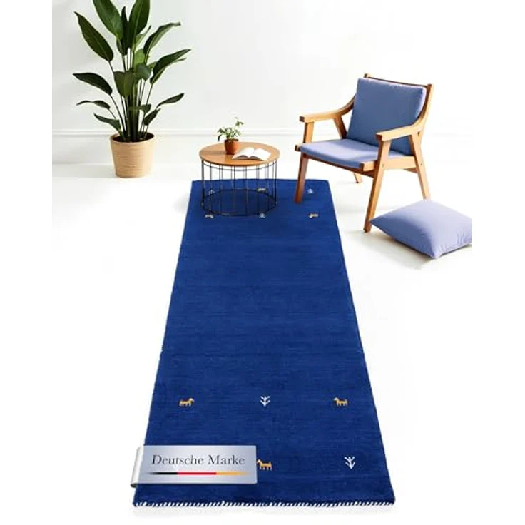 carpetfine 'Gabbeh Uni' Wollteppich, reine Wolle, Blau, 60x180 cm – Bild 2