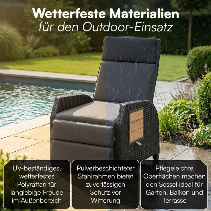 STEELSØN 'Caelum' Polyrattan Sessel mit Liegefunktion, schwarz/Akazie, verstellbare Rückenlehne, inkl. Polster, Ausklapptisch, wetterfest – Bild 6