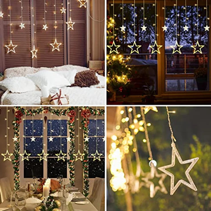 Lichterkette Sterne, 138 LEDs 2.5m Weihnachtslichterkette, Lichterkette Innen/Außen, Wasserdicht Weihnachtsbeleuchtung mit 12 Sterne und 8 Modi, Weihnachtsdeko Für Fenster, Balkon (A - Warmweiß) – Bild 8