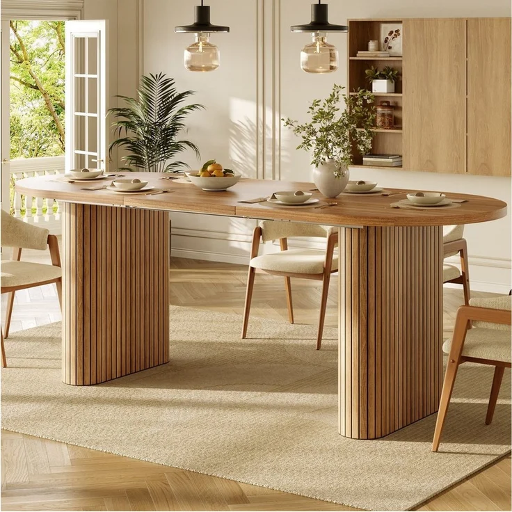 STILVORA Esstisch in Naturholz Ausziehbarer 120-160cm Küchentisch (Strukturbeine, abgerundete Ecken, 120–160cm, MDF, pflegeleicht, robust, verlängerbar), Für Esszimmer, Küche, Wohnbereich, Familienessen, Gästeempfang – Bild 2