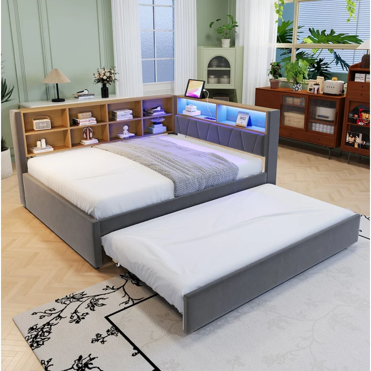 CHICFURN Bett aus Flanell Dunkelgrau 140x200 cm mit Ausziehbett 90x190 cm, LED-Beleuchtung und USB- und Type-C-Anschlüssen – Bild 3