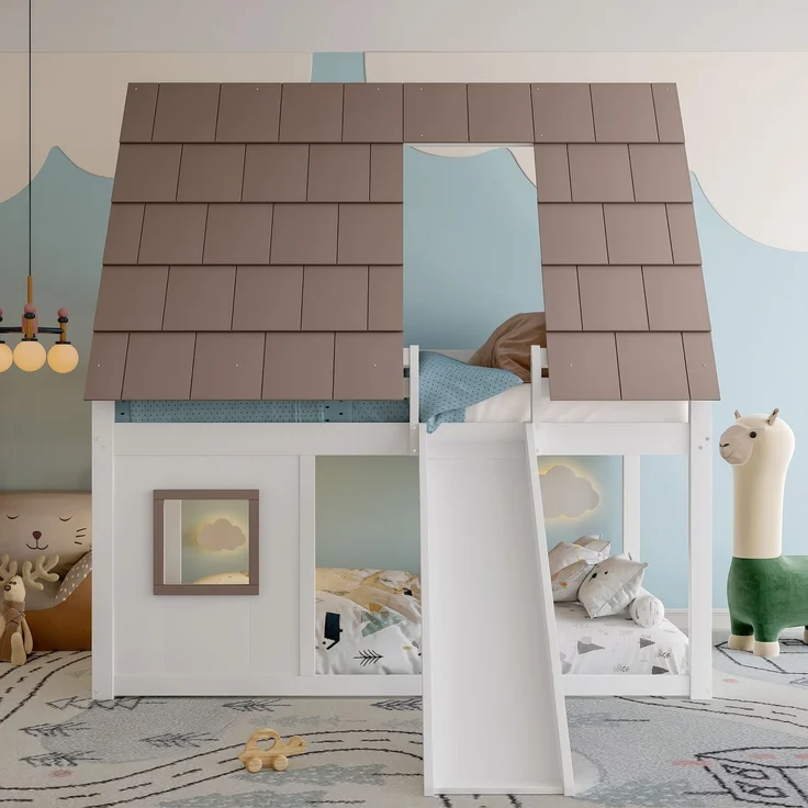 Holzhaus-Etagenbett 140x200 cm mit Dach, Leiter und Rutsche, Haus-Design, Weiß+Braun – Bild 3