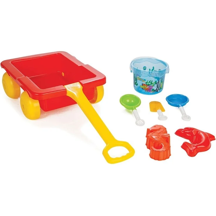 Pilsan 06112 Sandspielzeug Set mit Ziehwagen, Eimer, Förmchen, Schaufeln, Rechen – Bild 2