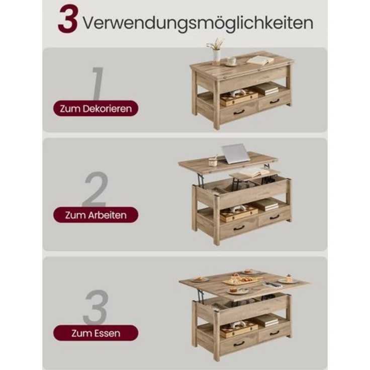 VASAGLE Couchtisch, Wohnzimmertisch, Gaszylinder, höhenverstellbar, viel Stauraum, Kaffeetisch, für Wohnzimmer, braun – Bild 4