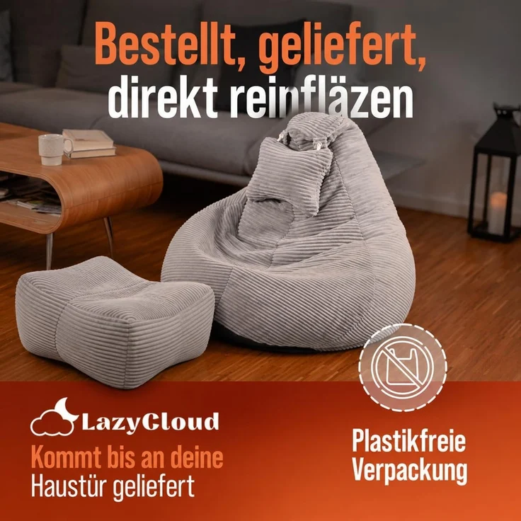 Sitzsack für Erwachsene mit integrierter [Nackenstütze] Cord | XXL Indoor Bean Bag mit Füllung | perfekt als Chill-, Lese- oder Gaming Sessel (90 x 80 x 70 cm) (Sitzsack & Hocker Leichtgrau) – Bild 4