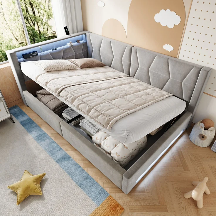 TavilaEcon Polsterbett Samtbett mit LED-Beleuchtung an Kopf- und Fußteil, USB & Type-C grau Liegefläche 140 × 200 cm – Bild 1