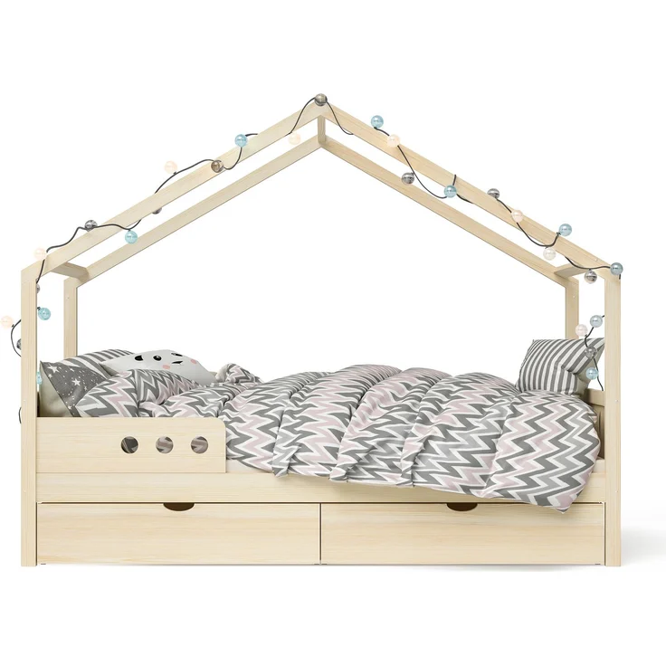 Bellabino 'Bela' Hausbett 90x200 cm mit Matratze und großer Schublade, natur, Kiefer Massivholz, Montessori Kinderbett mit Stauraum, inkl. Rausfallschutz und Lattenrost – Bild 11