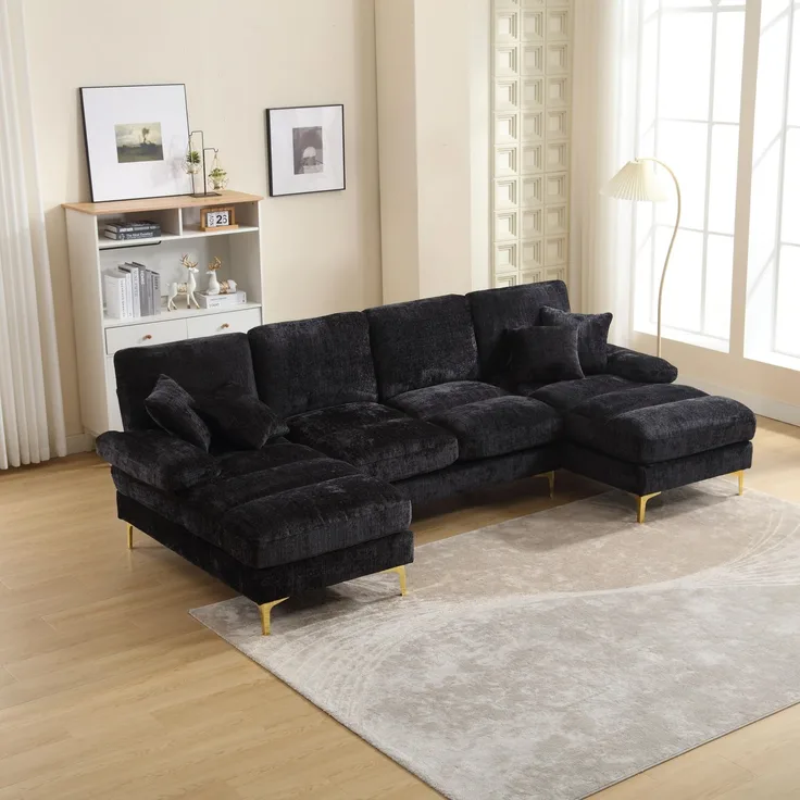 Ball & Cast U-förmiges Eckcouch mit Schlaffunktion, Modulares Chenille Sofa mit Doppelten Liegesitzen für das Wohnzimmer Wohnung Villa, 274 x 88 x 136 (BxHxT), Schwarz